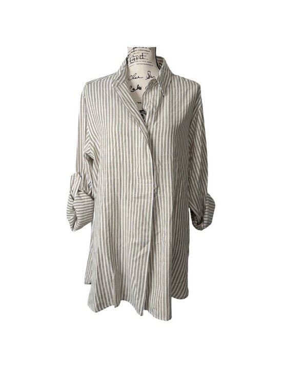 Max Studio Tops - Max Studio London Women Size L Tunic Top Roll-Tab Sleeve Beige Striped Shirt NEW